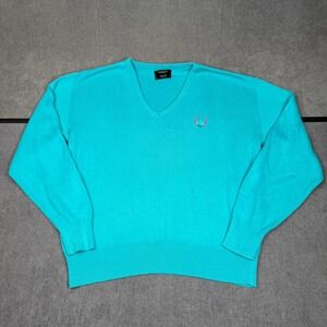Christian Dior Monsieur Vintage Turquoise Cotton V-Neck Golf Sweater Crest Sz L